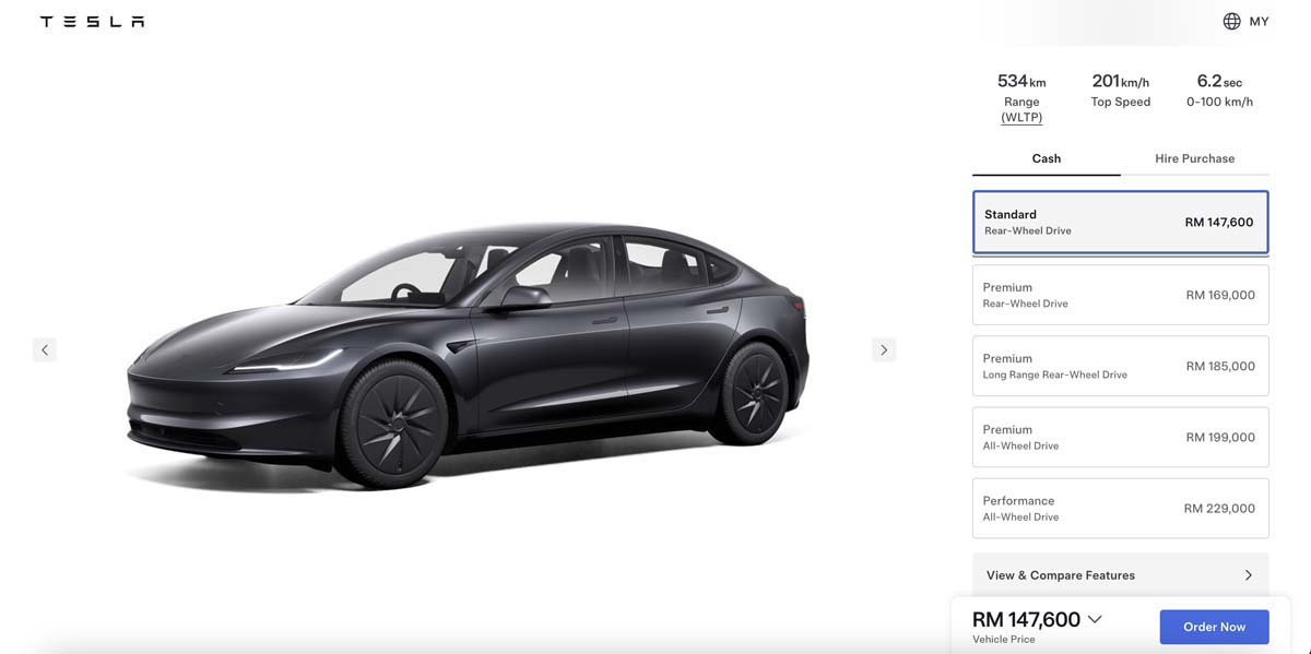 Tesla Model 3 Standard RWD 每月供期仅需 RM 1,138 起！